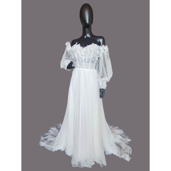 Ivory/Latte Floral Full Tulle Wedding Gown/Removeable Sleeves - Sincerity - Picture 1 of 16